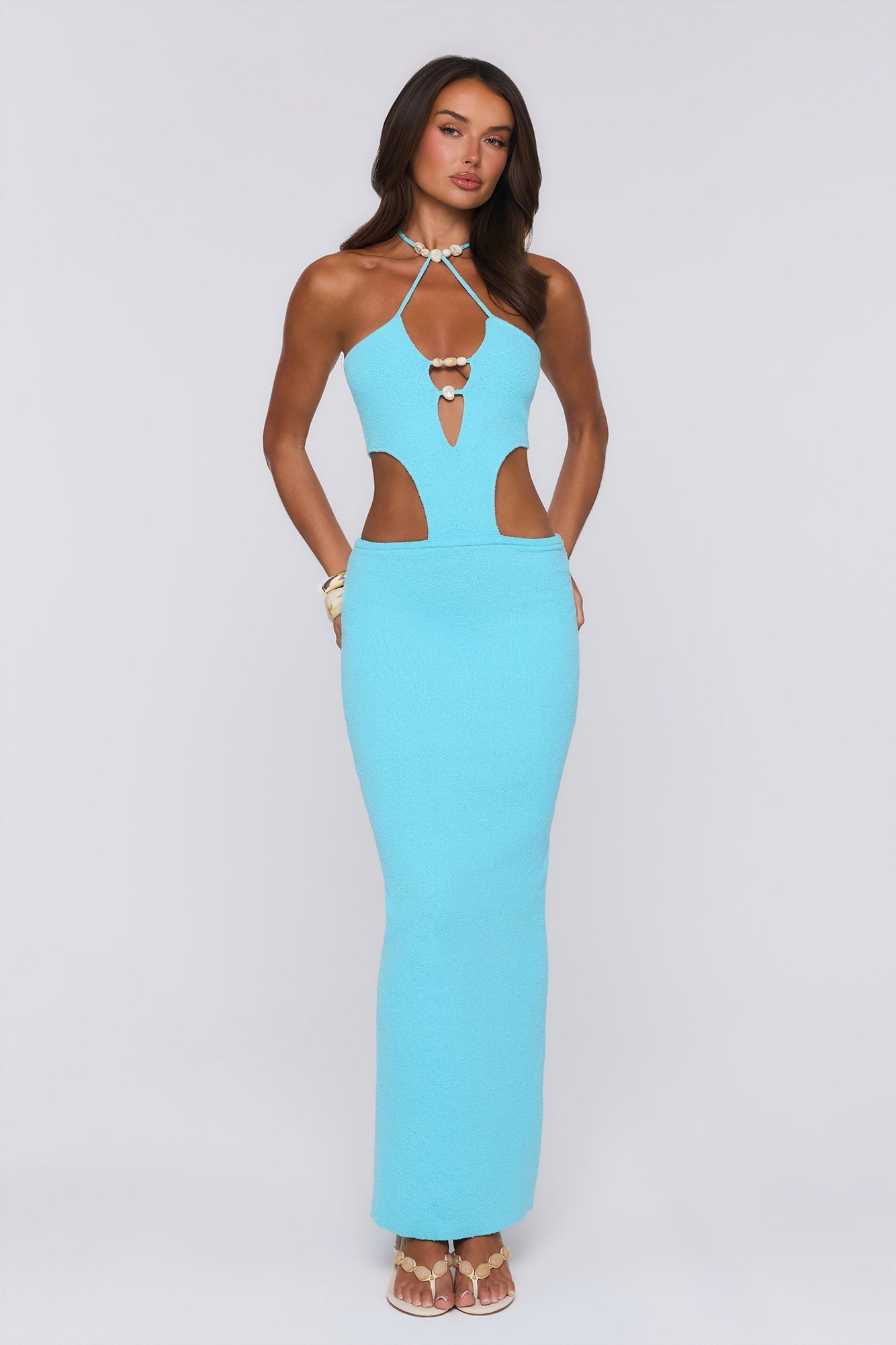 Vestido maxi de tricô com decote halter "Beachside In Cabo" — Água