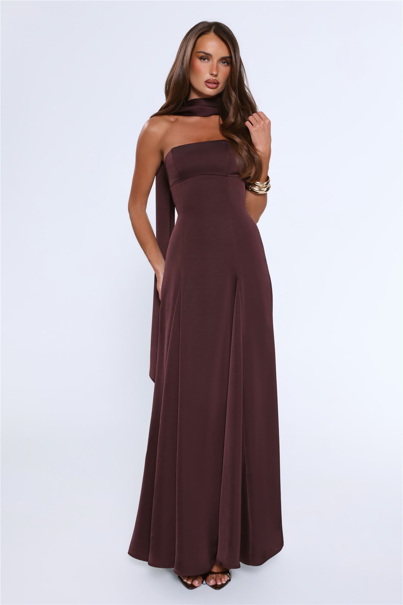 Vestido Longo Tomara-que-caia em Cetim — Chocolate