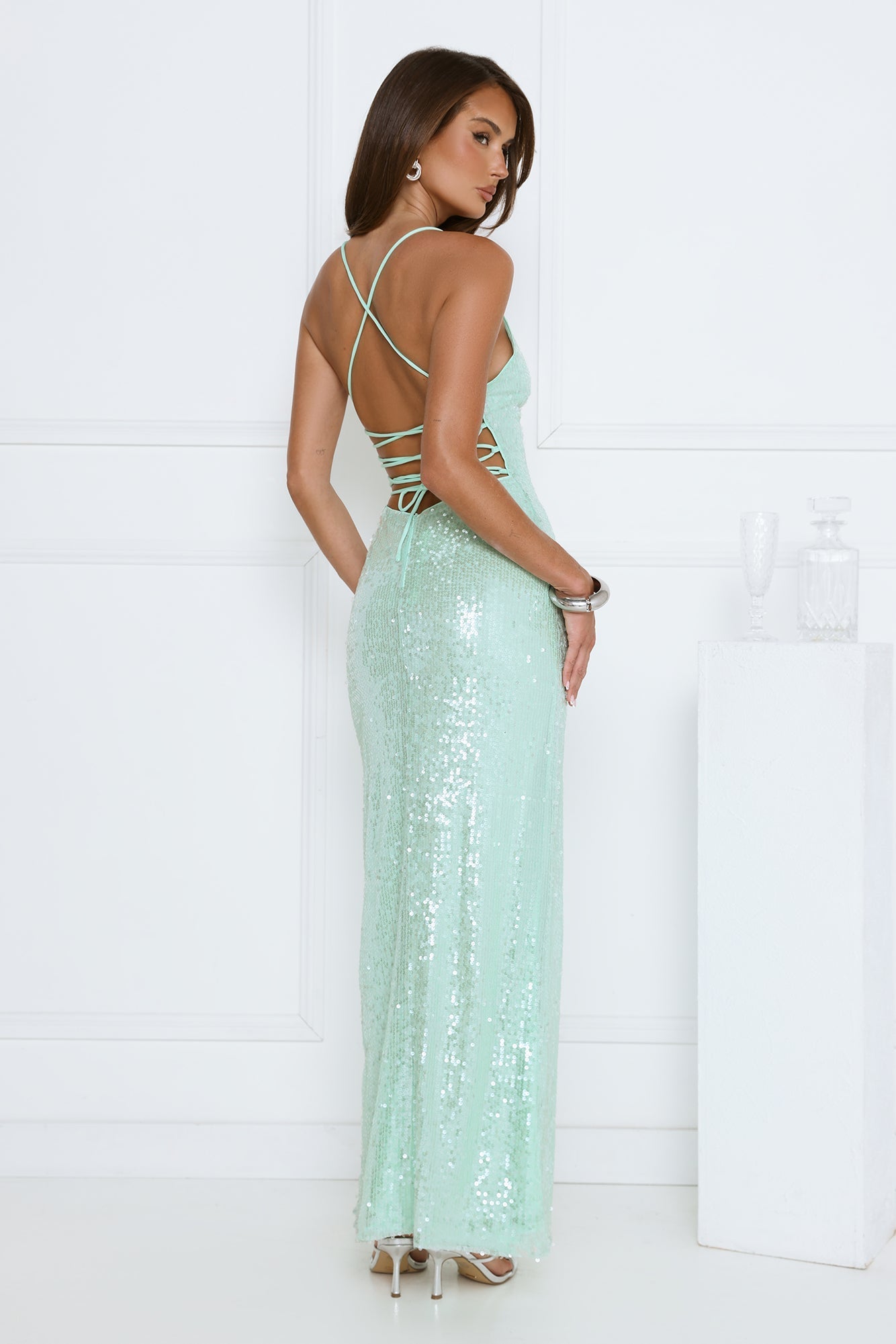 Vestido longo de paetês Starlit Shores — Verde-água
