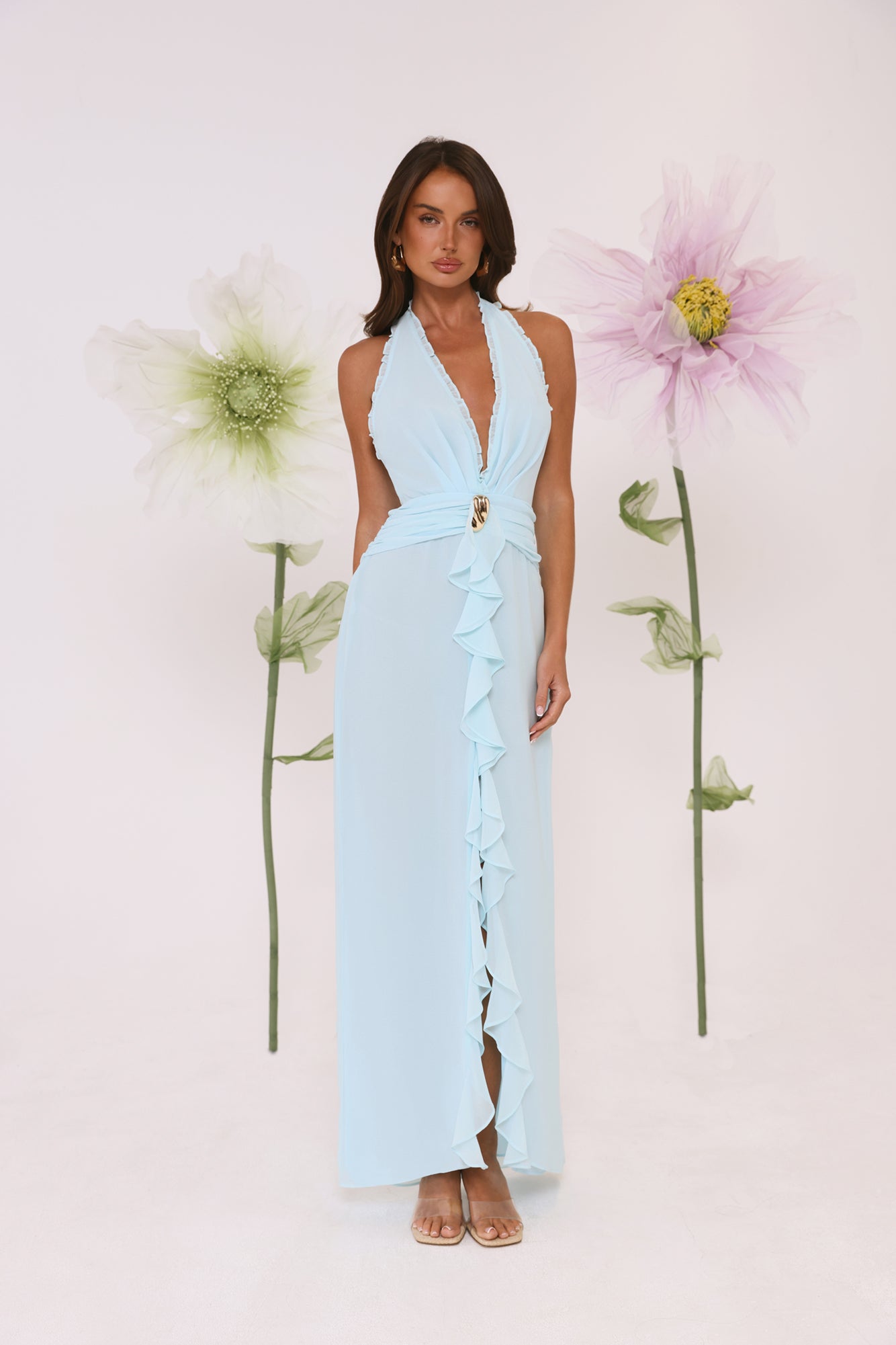 Vestido longo com decote halter "Sea Glass Nights" — Azul
