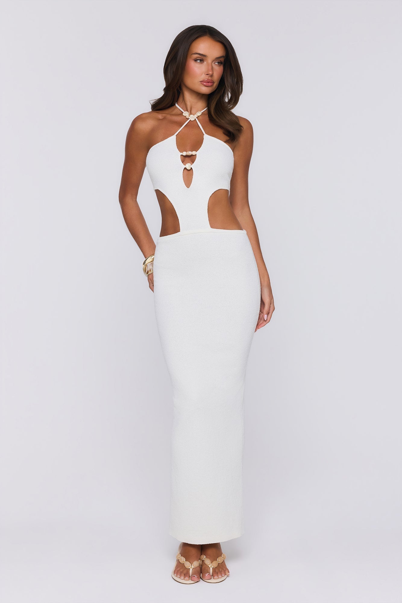 Beachside In Cabo — Vestido longo de tricô com decote halter, Branco