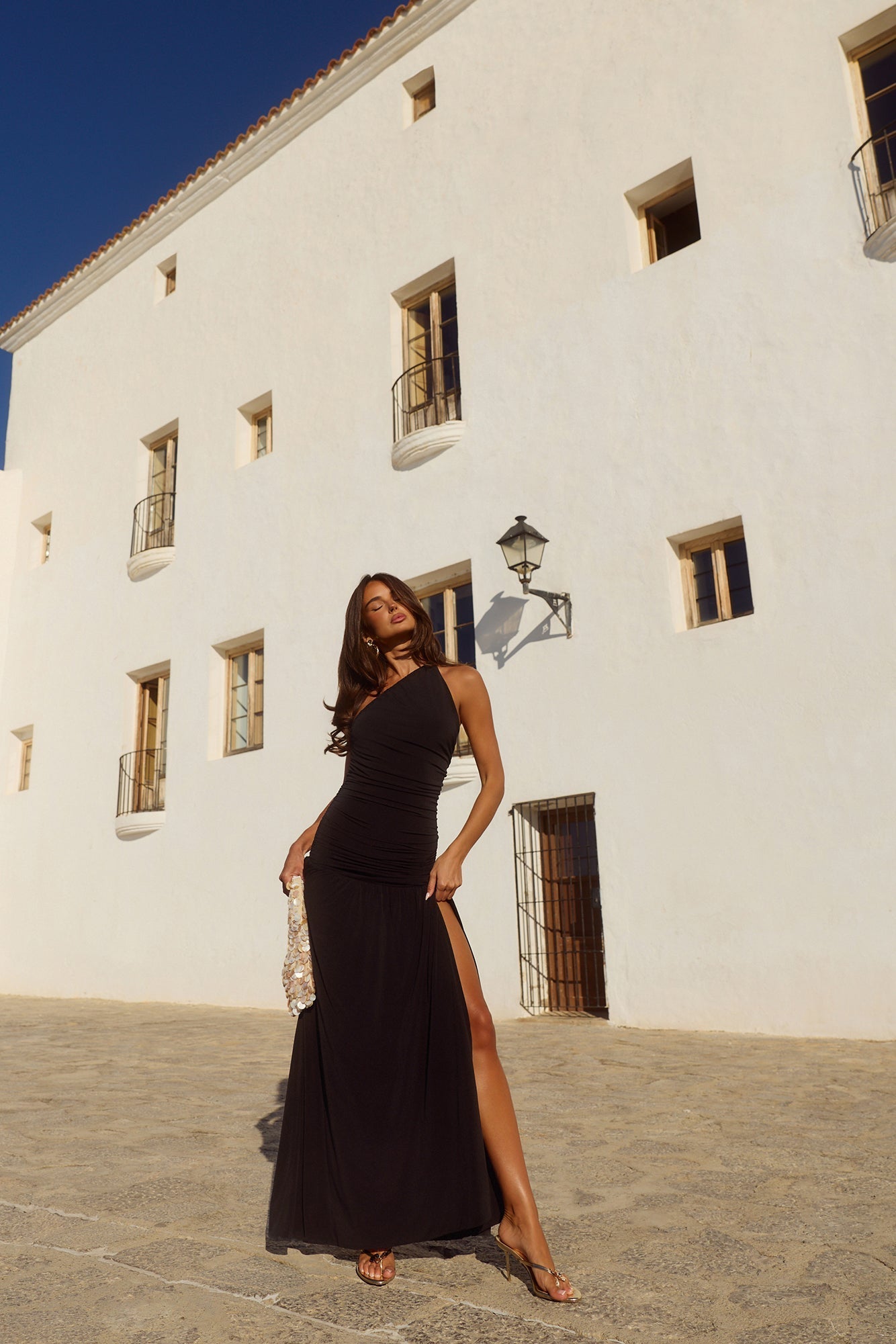 Vestido maxi de um ombro só "Spun In The Sun" — Preto
