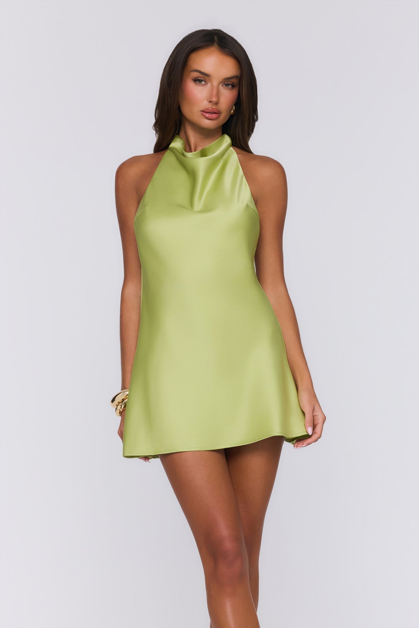 Power Walk Mini Vestido Halter em Cetim — Verde-limão