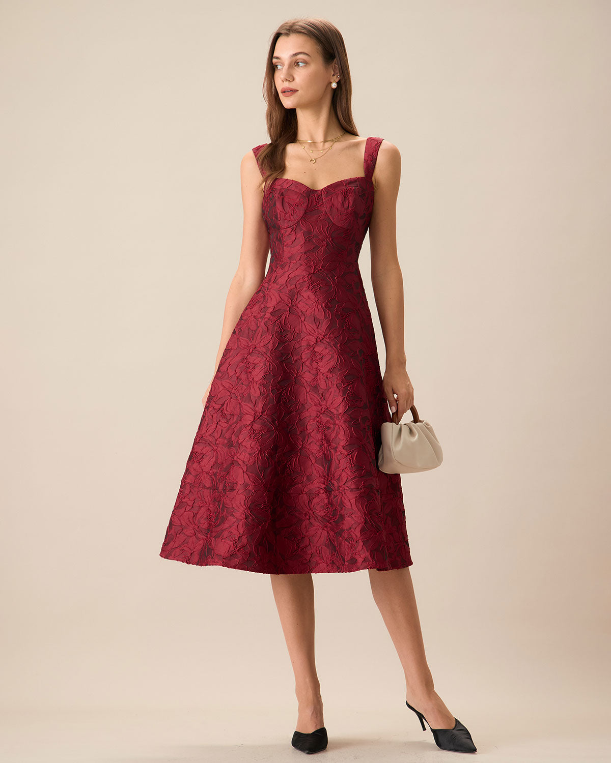 Vestido midi em jacquard com decote coração — vermelho