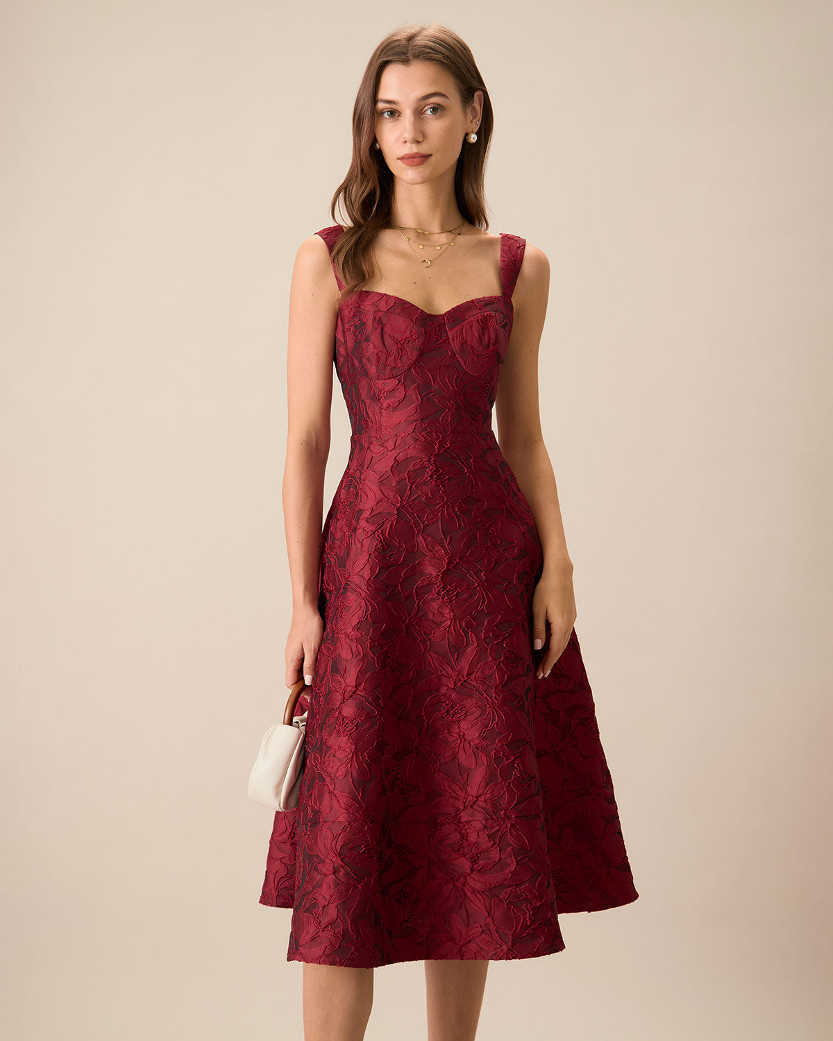 Vestido midi em jacquard com decote coração — vermelho