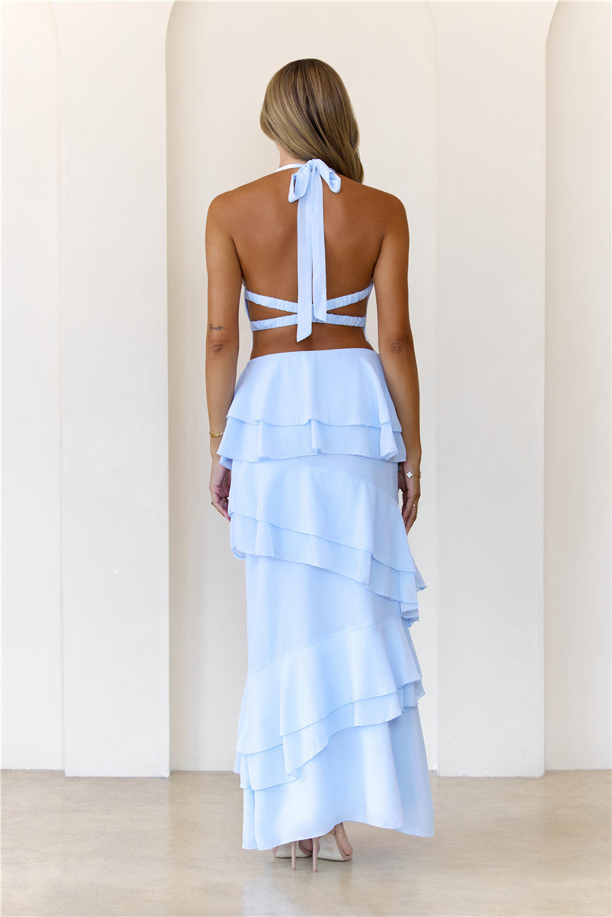 Vestido longo com decote halter Power Glow — Azul