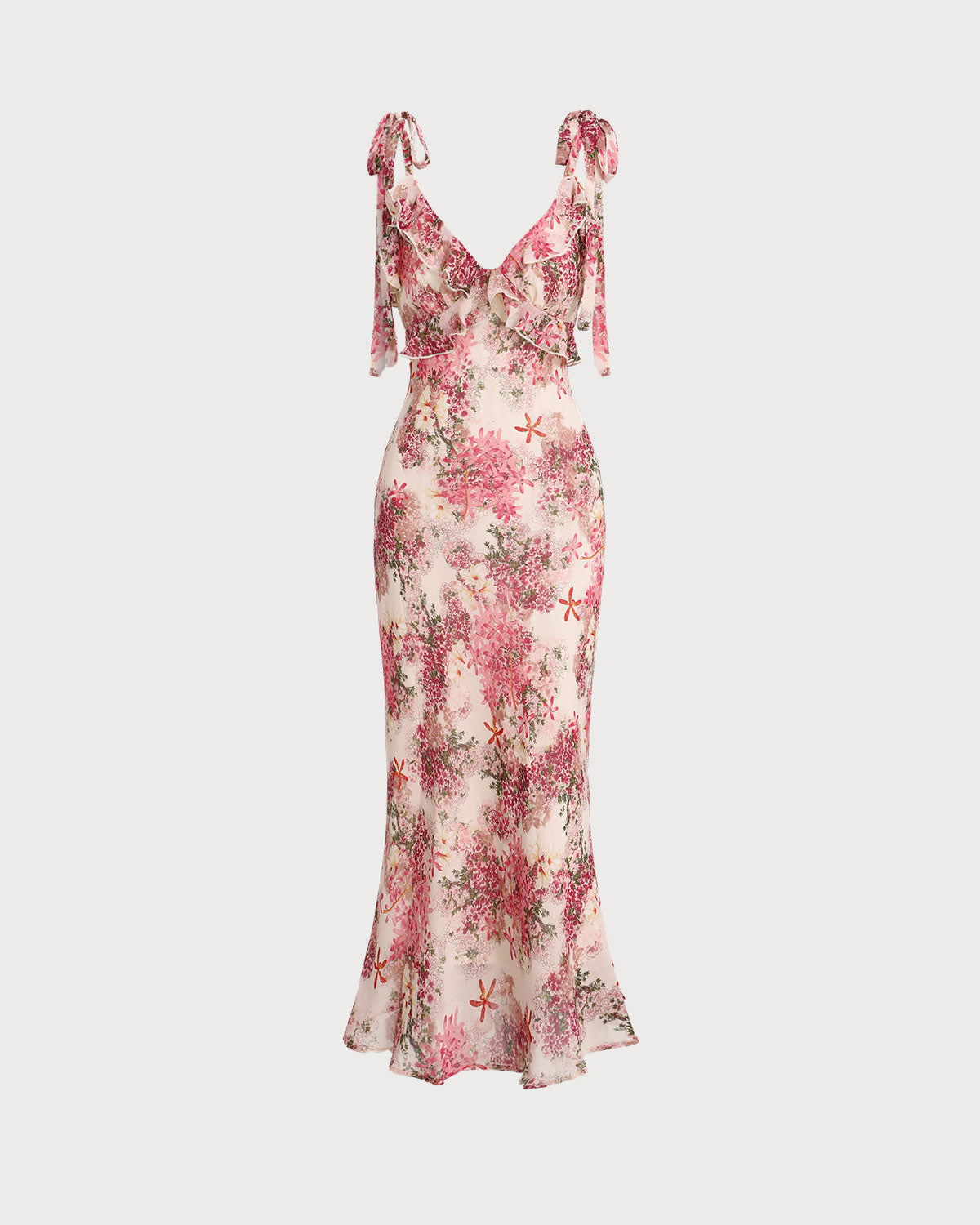 Vestido midi floral rosa com babados e alças de amarrar