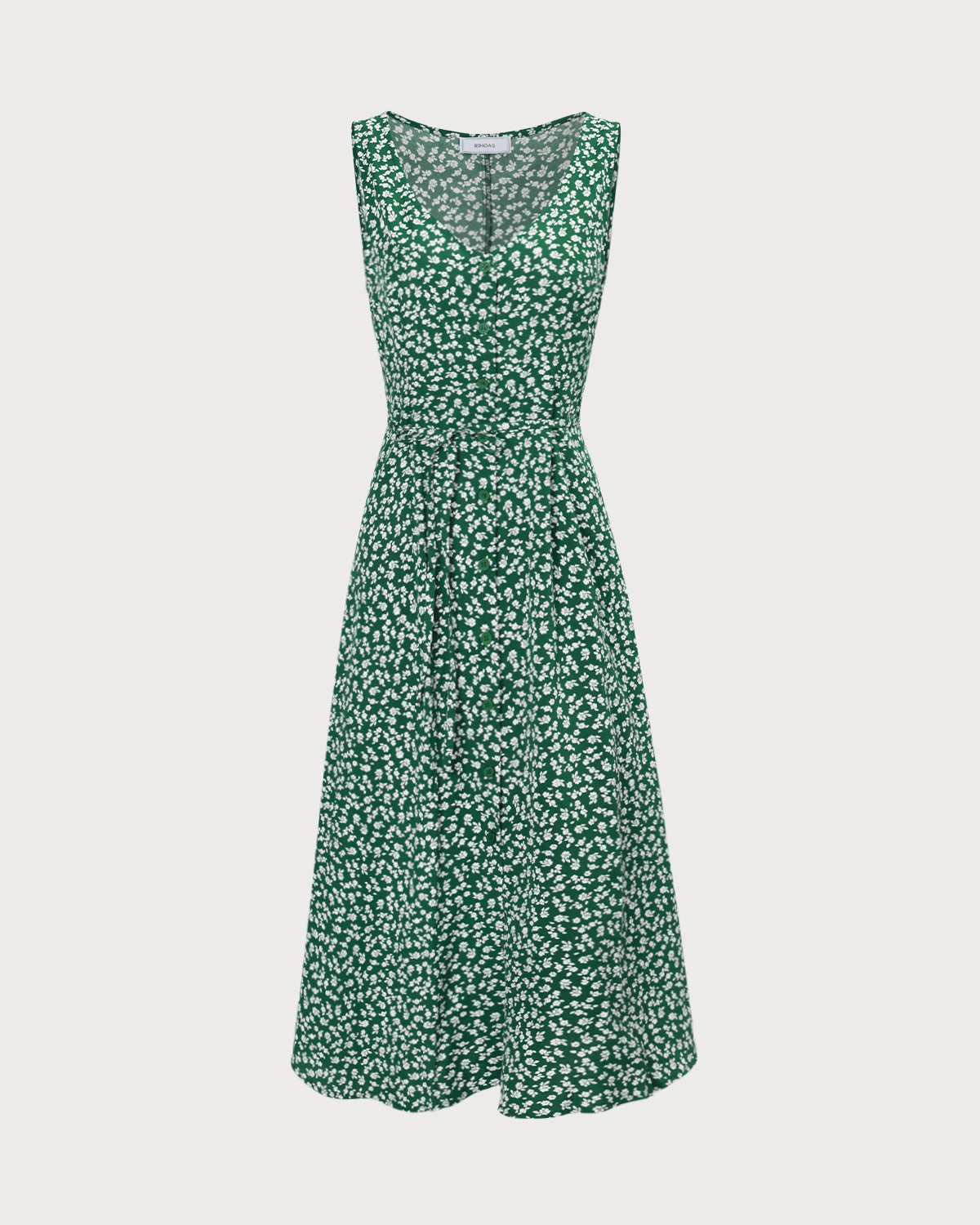 Vestido midi floral verde com decote em V e botões