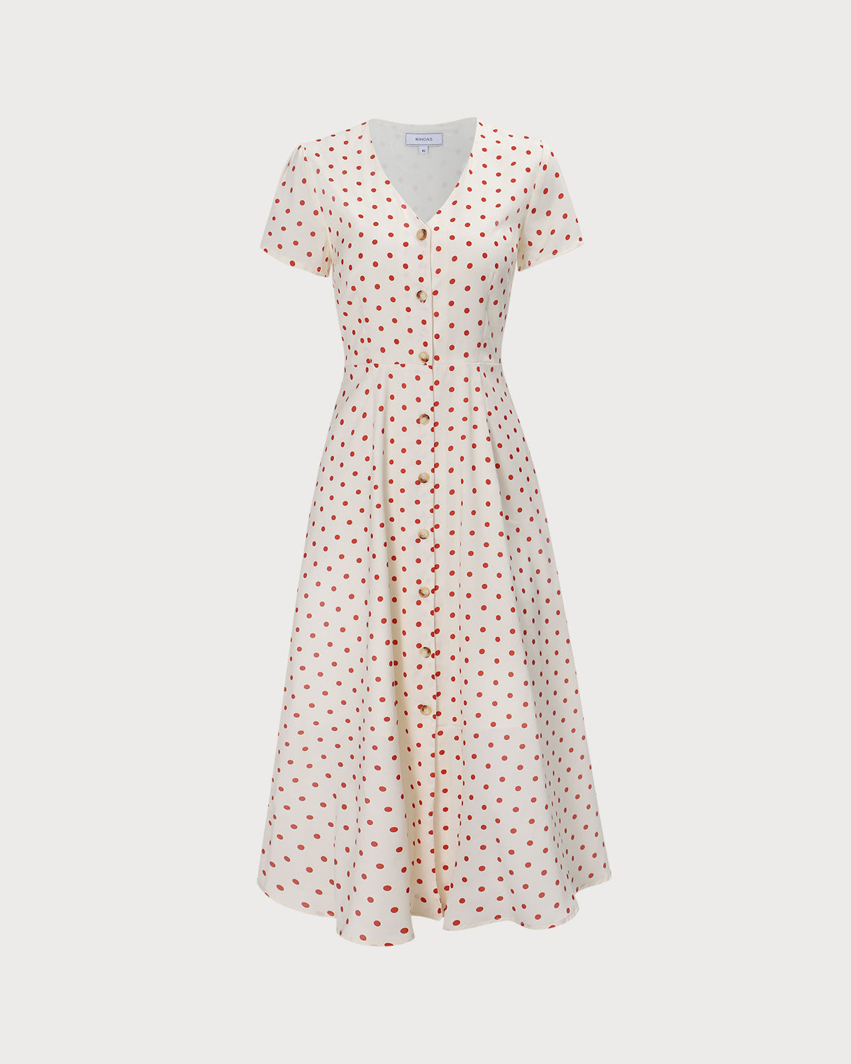 Vestido midi bege com decote em V, estampa poá e botões frontais