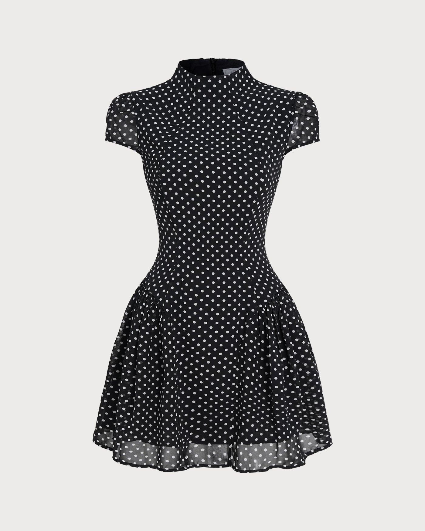 Vestido mini de chiffon preto com estampa de poá