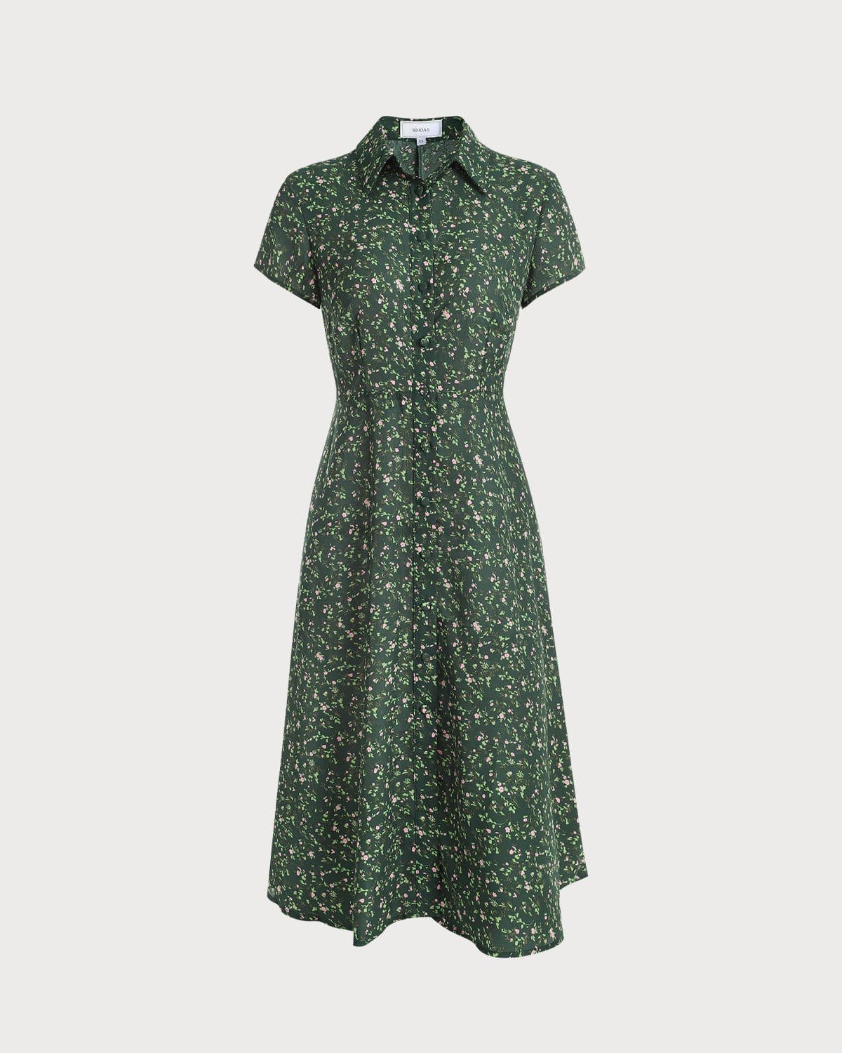 Vestido midi floral verde com gola de lapela e abotoamento frontal