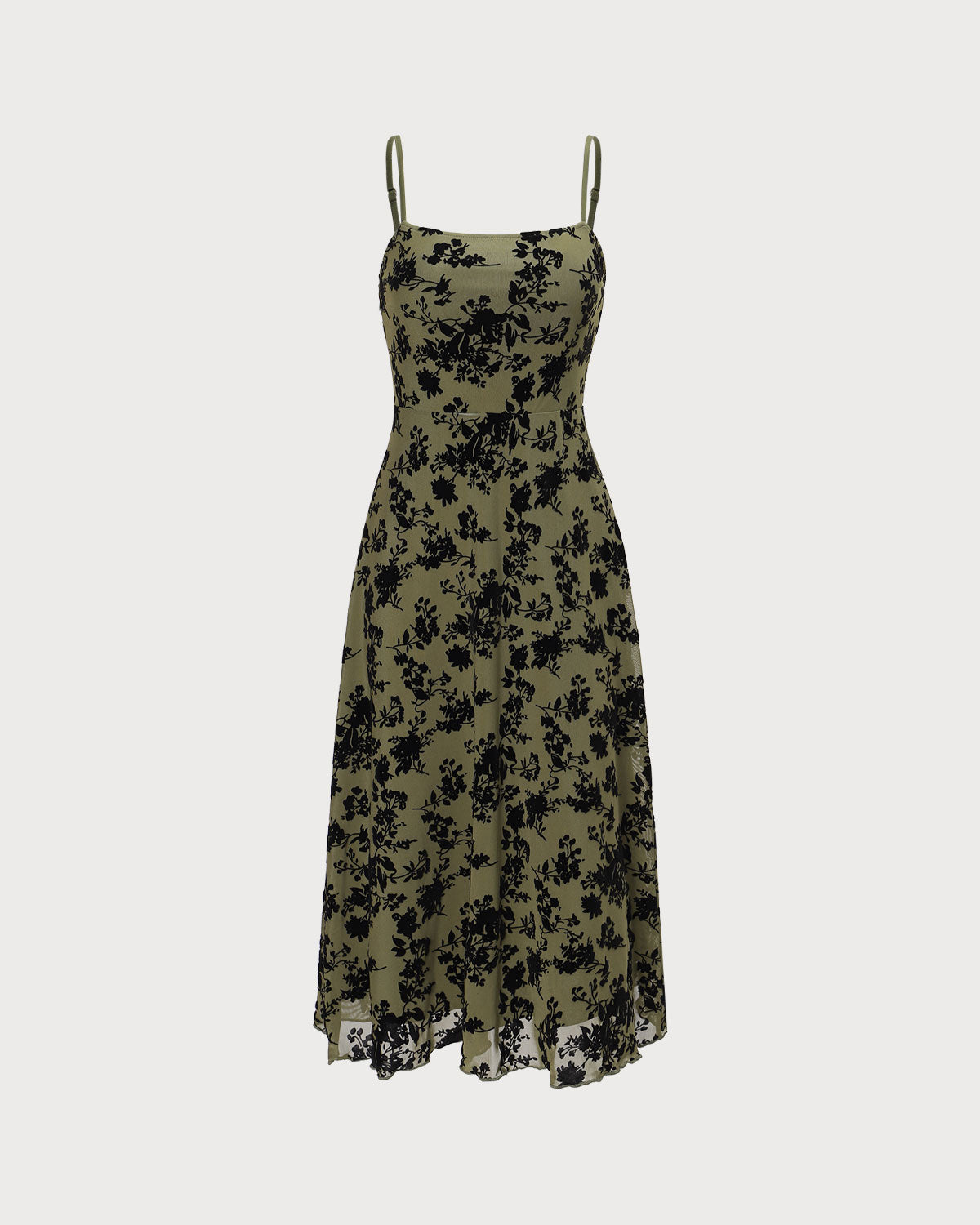 Vestido midi slip, corte A, em burnout floral — Verde