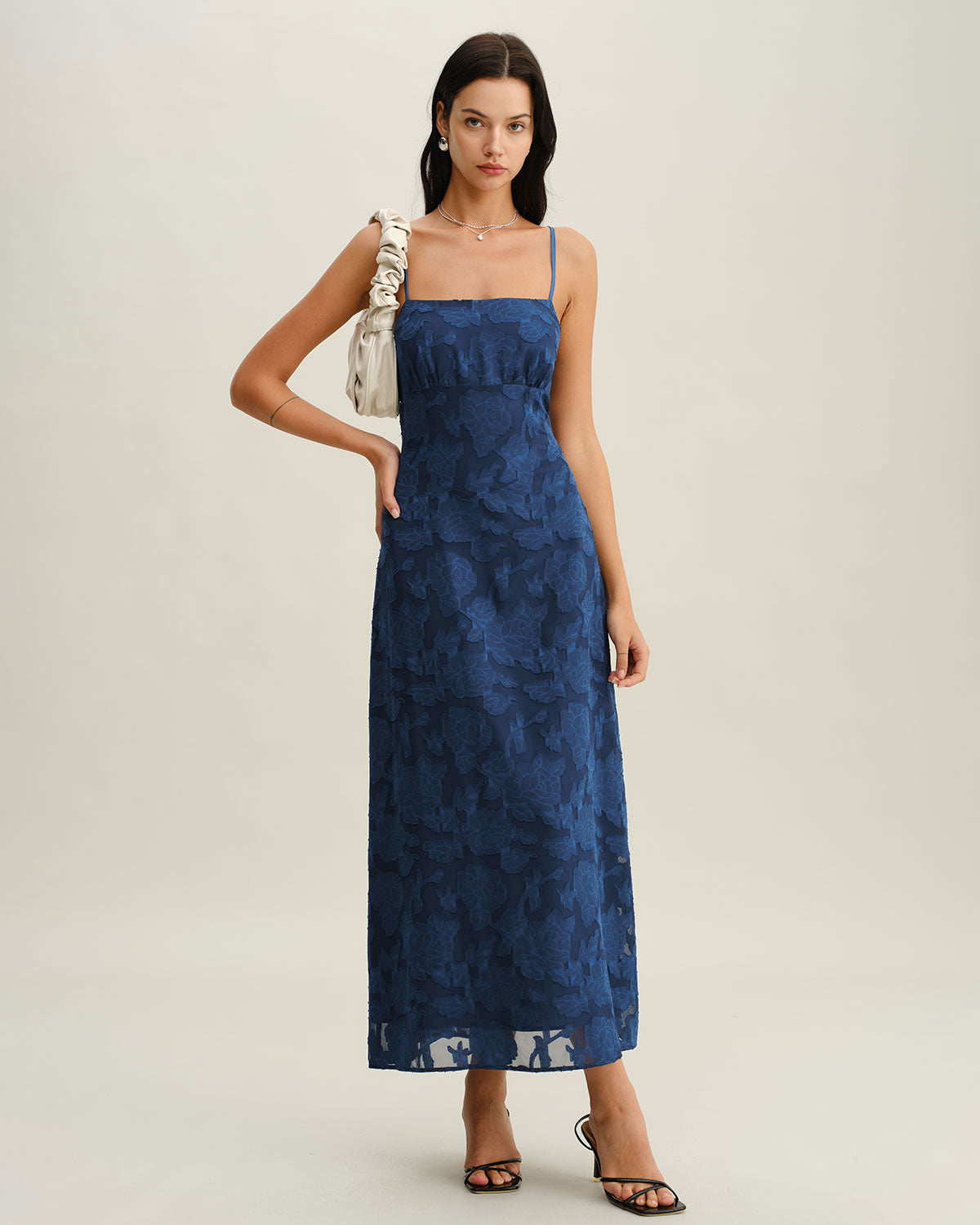 Vestido longo estilo slip em jacquard com costas abertas - Azul Marinho