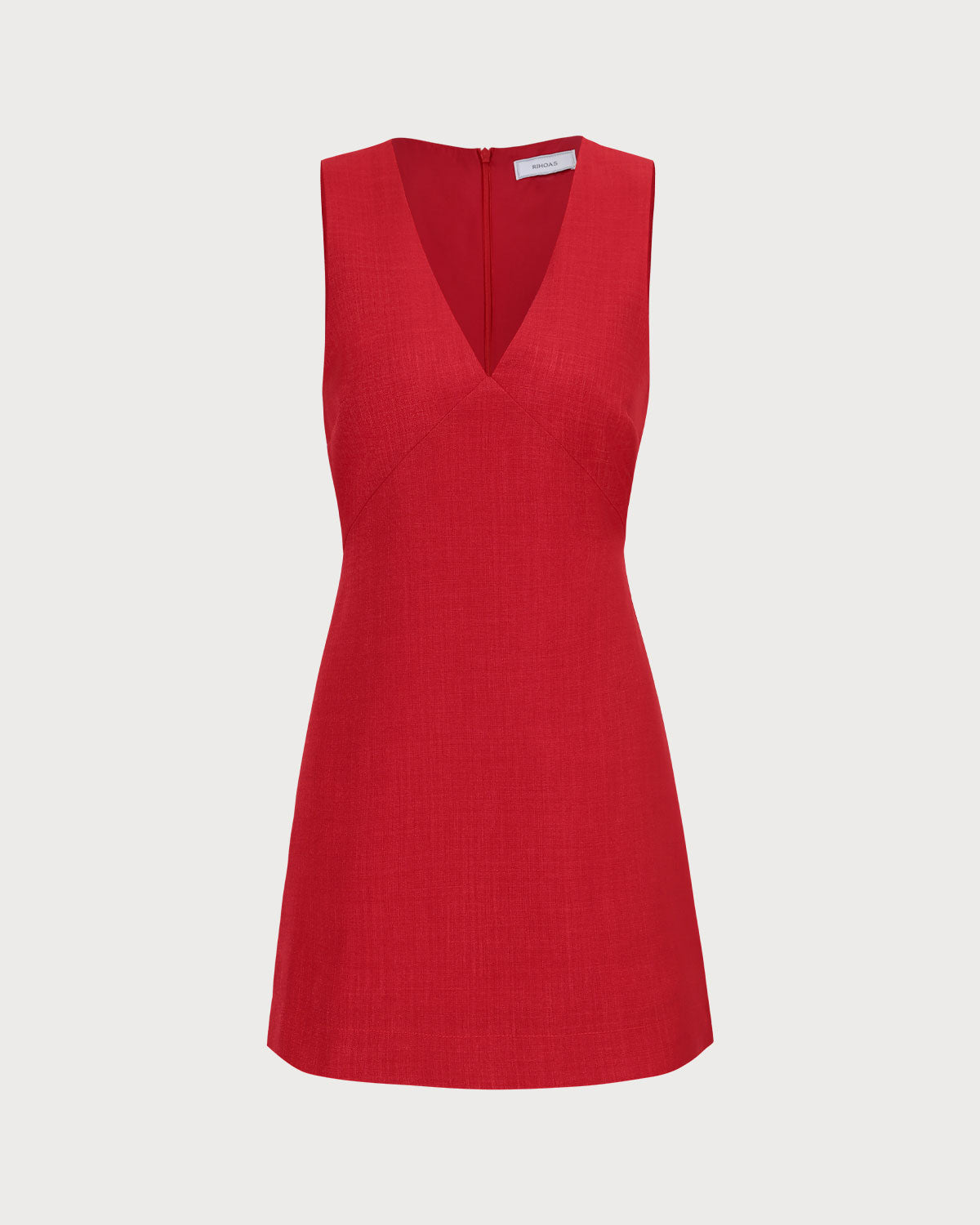 Vestido curto de linho sem mangas com decote em V — Vermelho