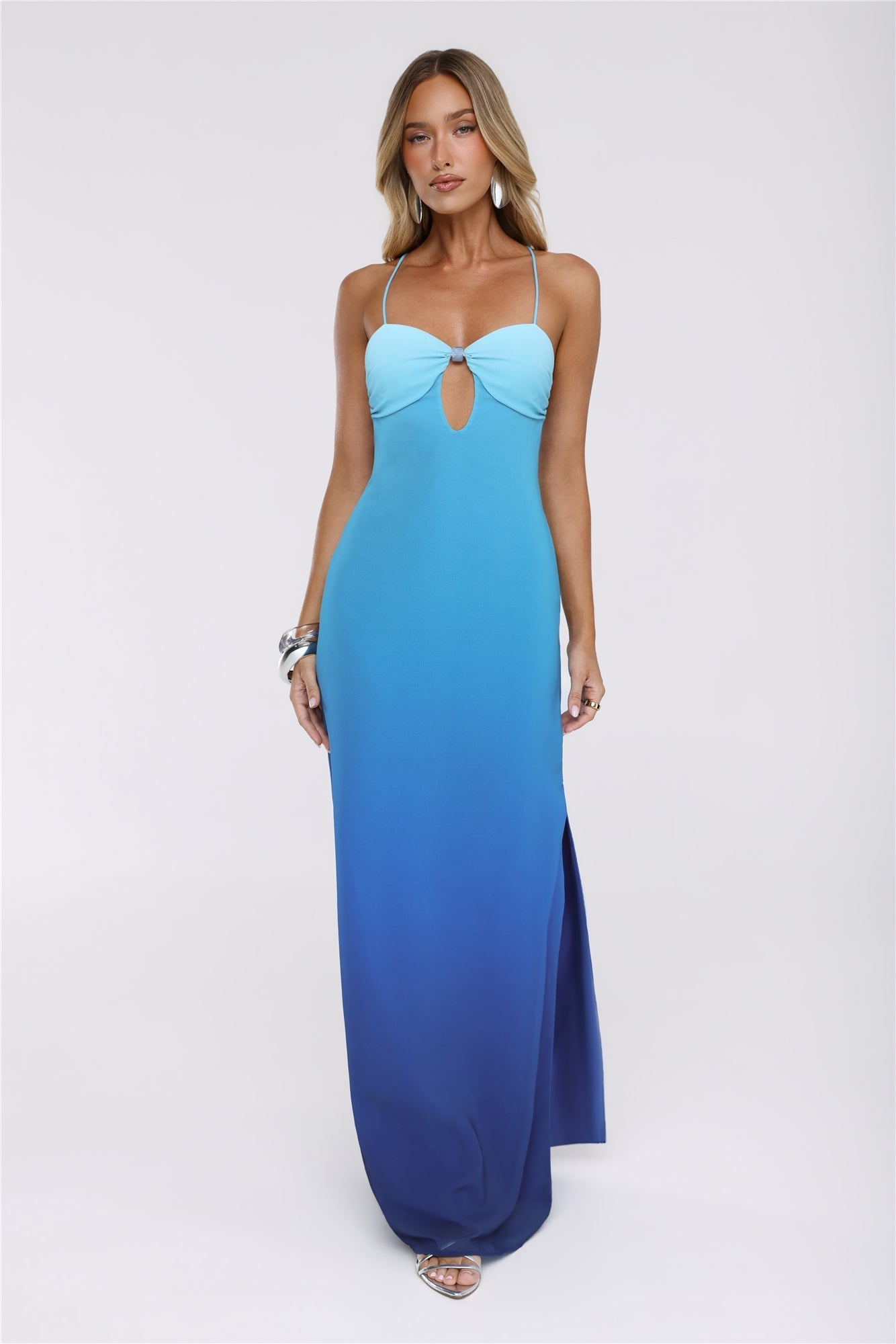 Vestido longo com decote halter Azure Luxe — Azul