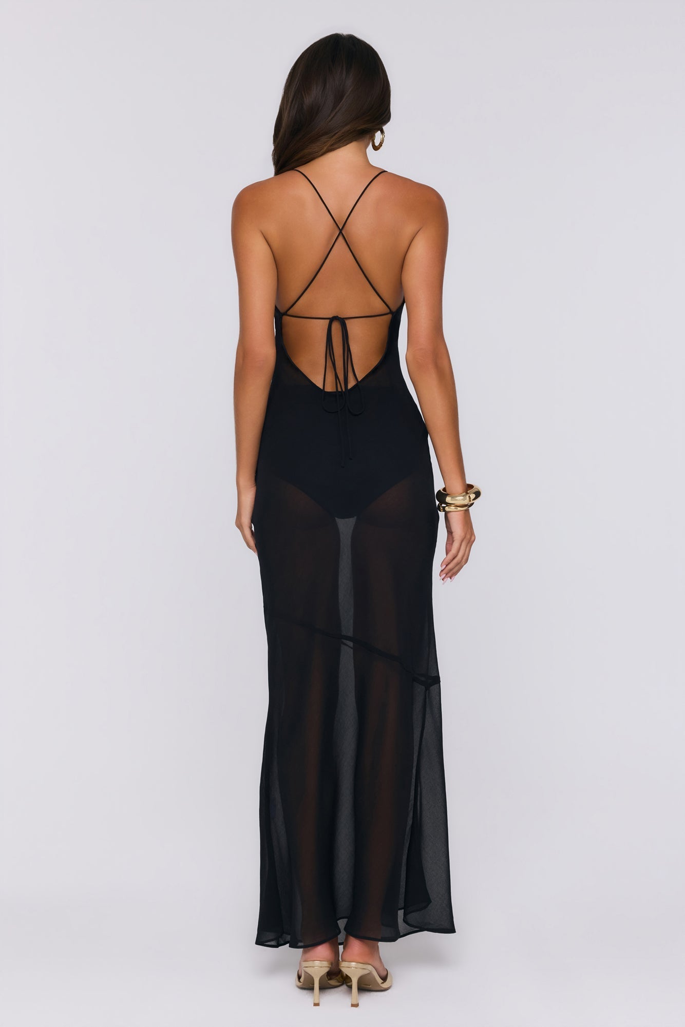 Vestido Longo Slip Luxuoso Transparente — Preto
