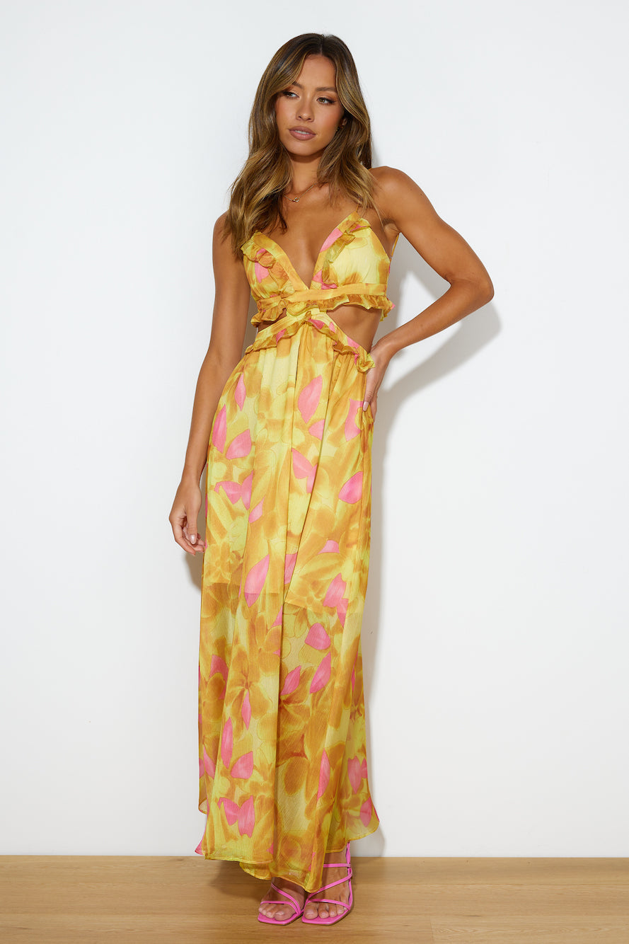 Vestido Longo Estilo Resort de Luxo - Amarelo