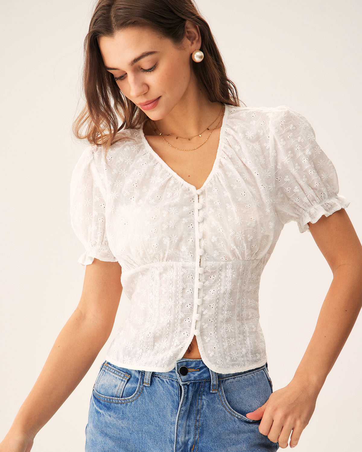 Blusa Floral Branca com Manga Bufante