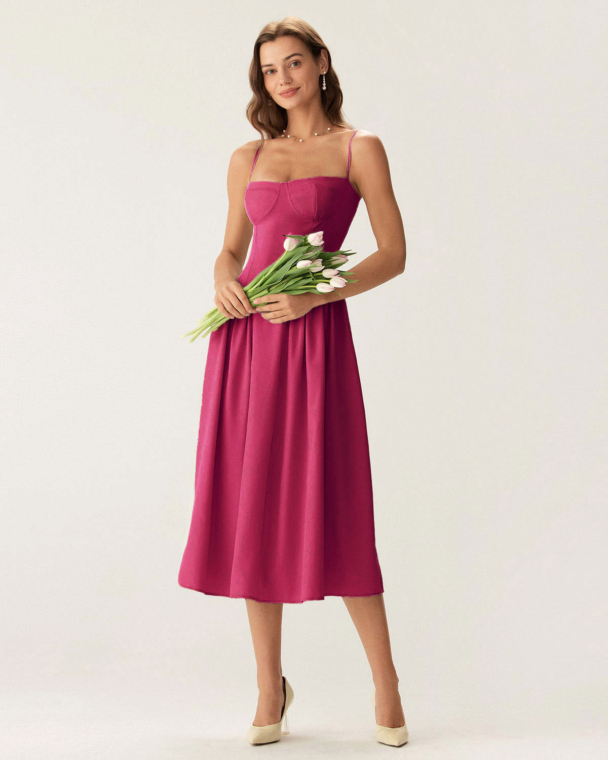 Vestido midi estilo slip com decote quadrado e bolsos — Vinho