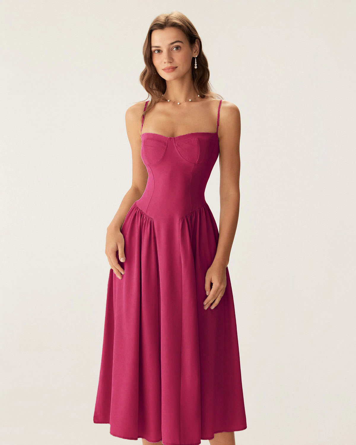 Vestido midi estilo slip com decote quadrado e bolsos — Vinho