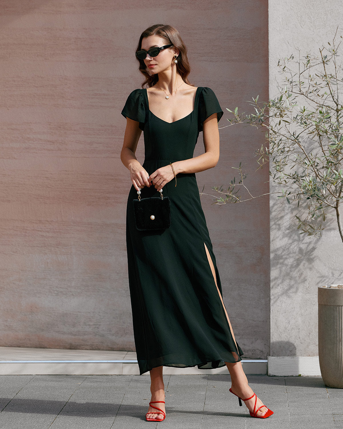 Vestido longo de chiffon com decote coração — Preto