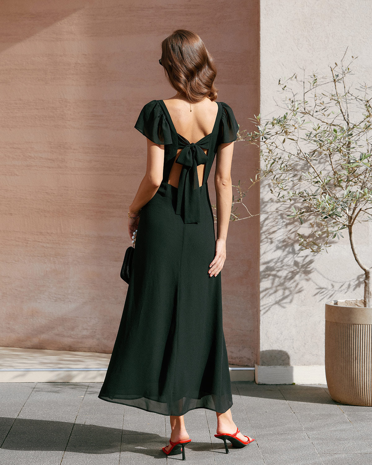 Vestido longo de chiffon com decote coração — Preto
