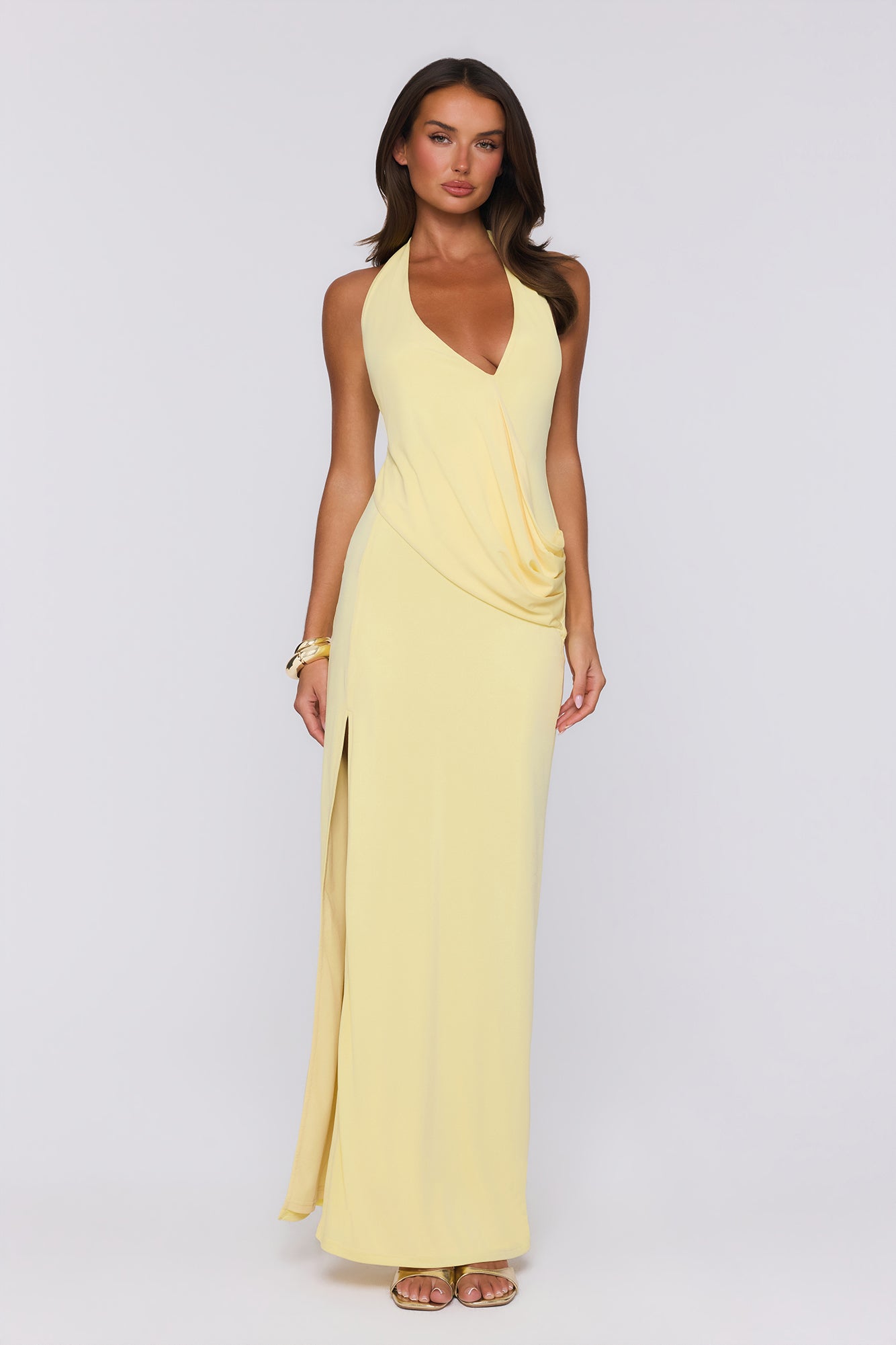 Sunny Aura Vestido Longo Halter — Amarelo