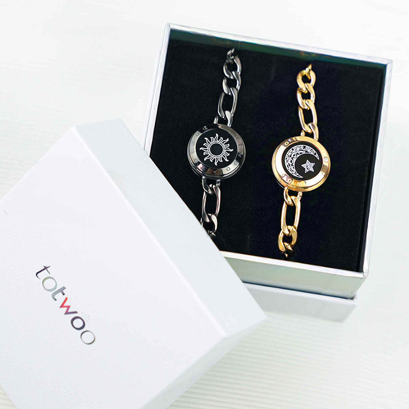 Sun & Moon Touch Bracelets with Figaro Chain (Black+Gold)