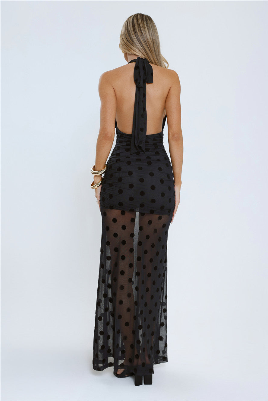 Hot Right Now — Vestido maxi de poá preto