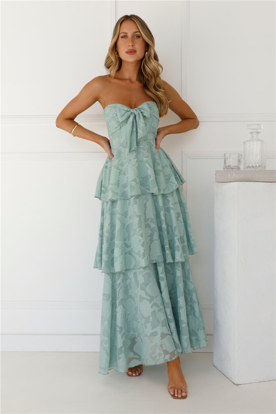 Vestido longo tomara-que-caia "Encanto no País das Maravilhas" — Verde Sálvia