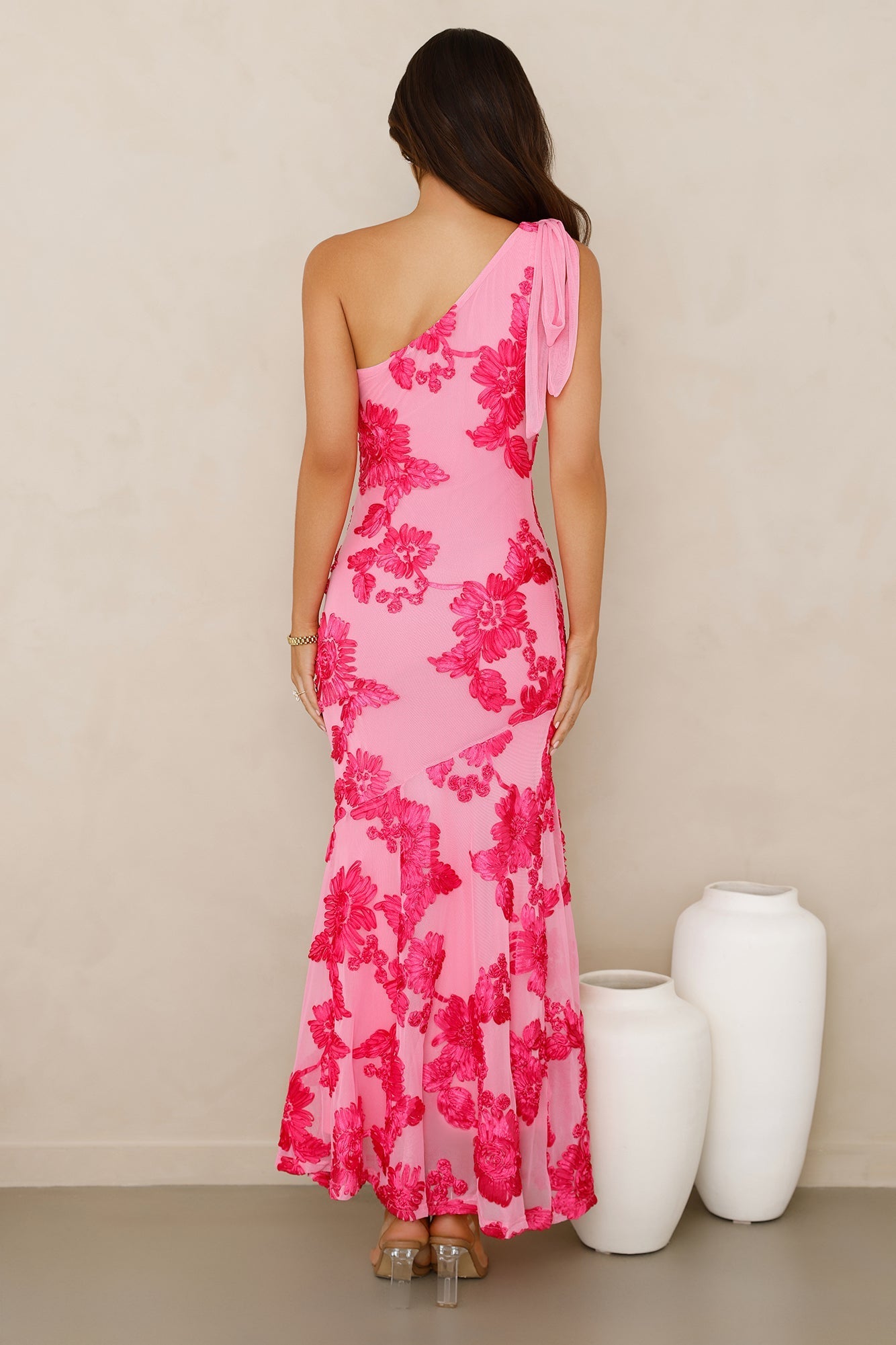 Glossy Girl Vestido Longo de Um Ombro em Tule - Rosa