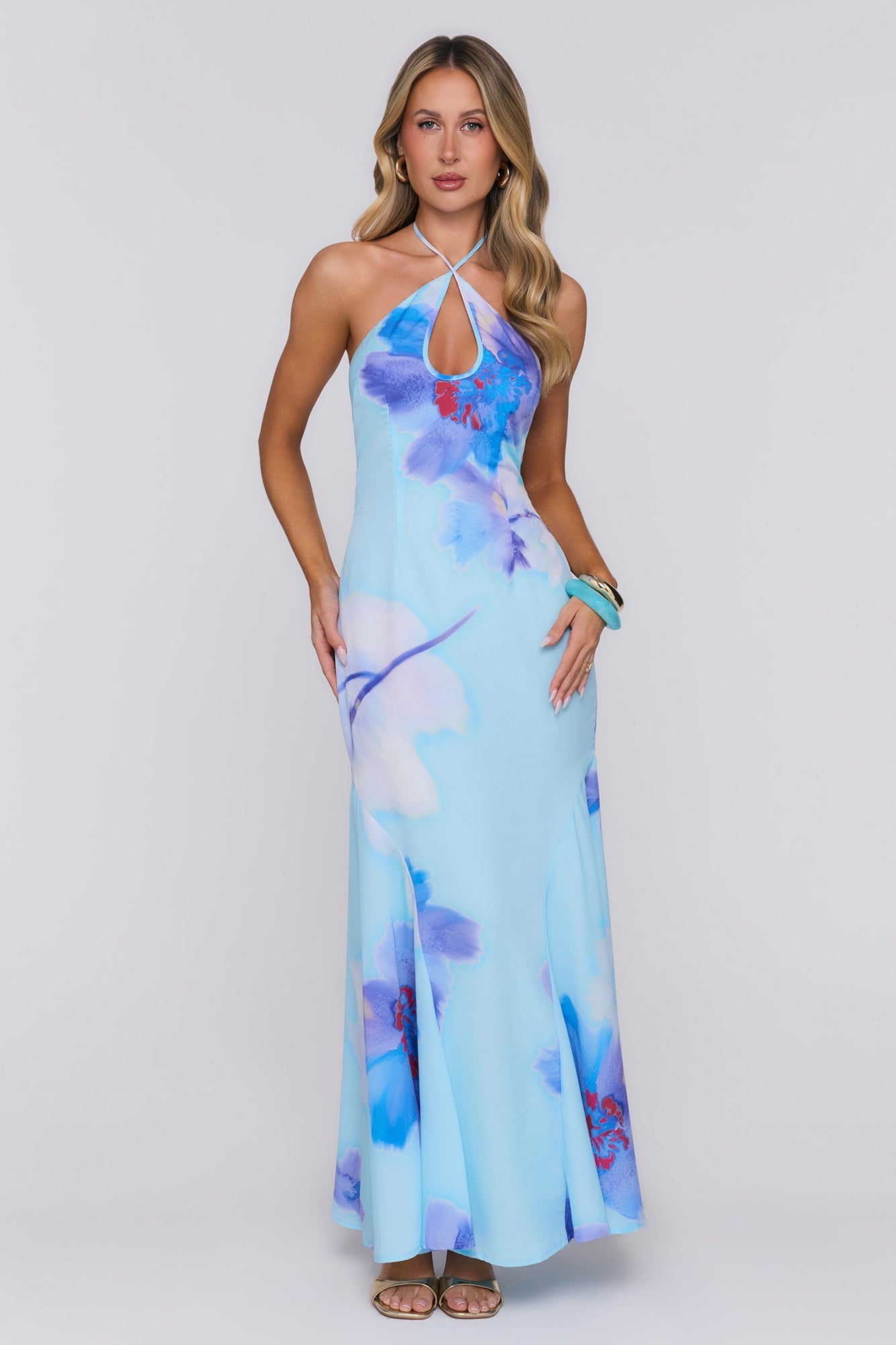Vestido Longo Halter Blooming Tide — Azul