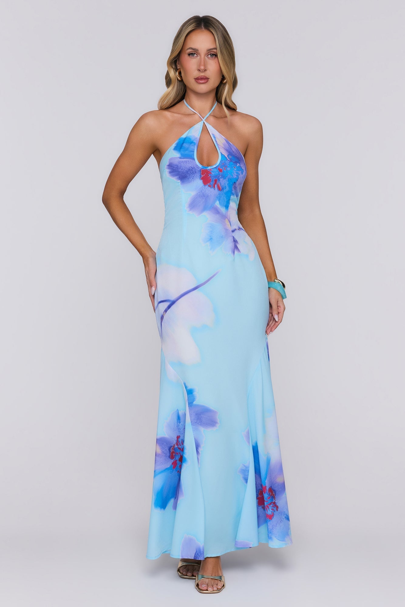 Vestido Longo Halter Blooming Tide — Azul