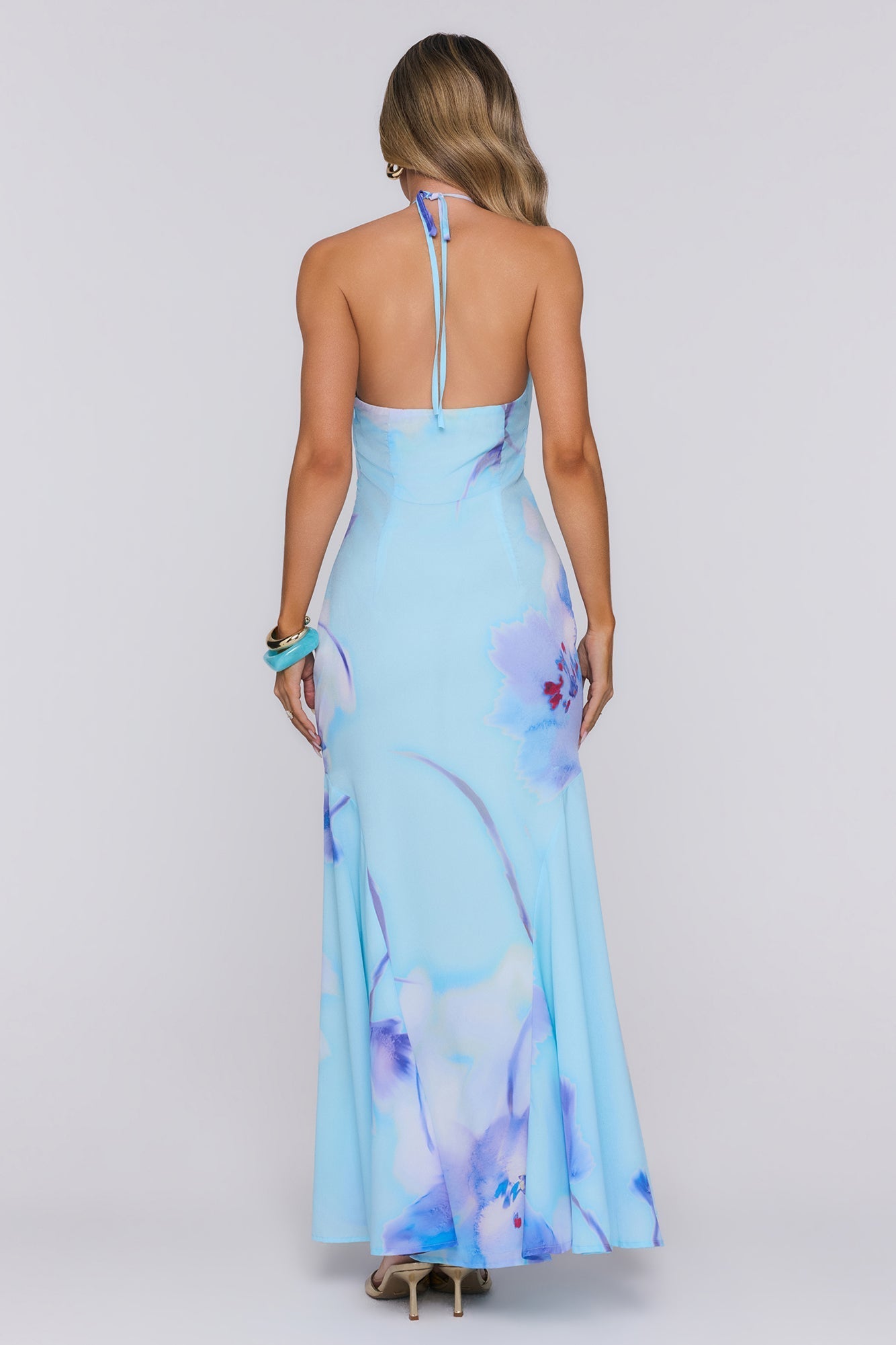 Vestido Longo Halter Blooming Tide — Azul