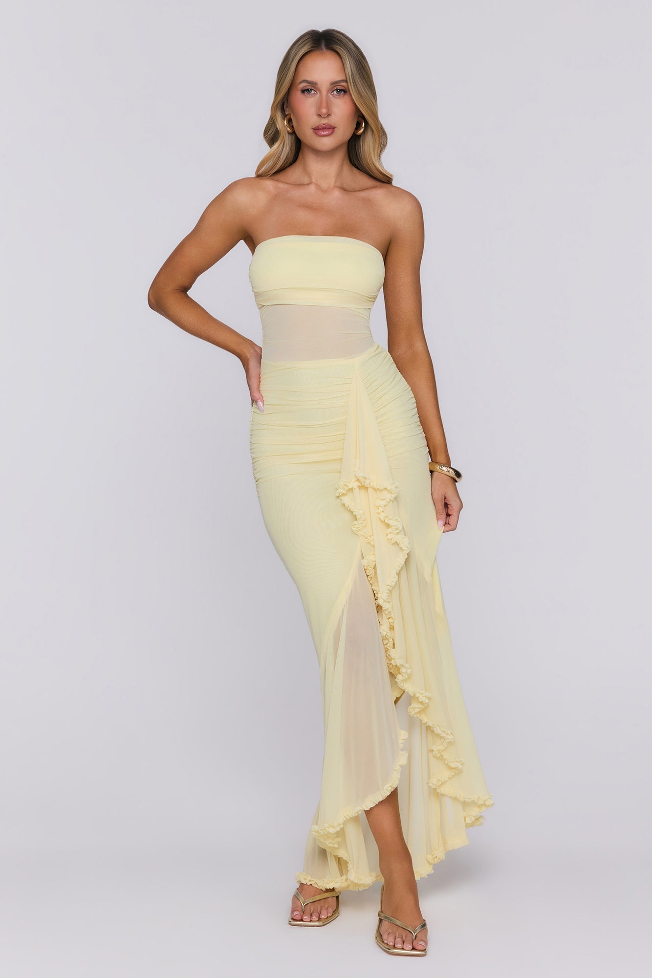 Vestido Longo Tomara-que-Caia em Tule Spark Soirée — Amarelo