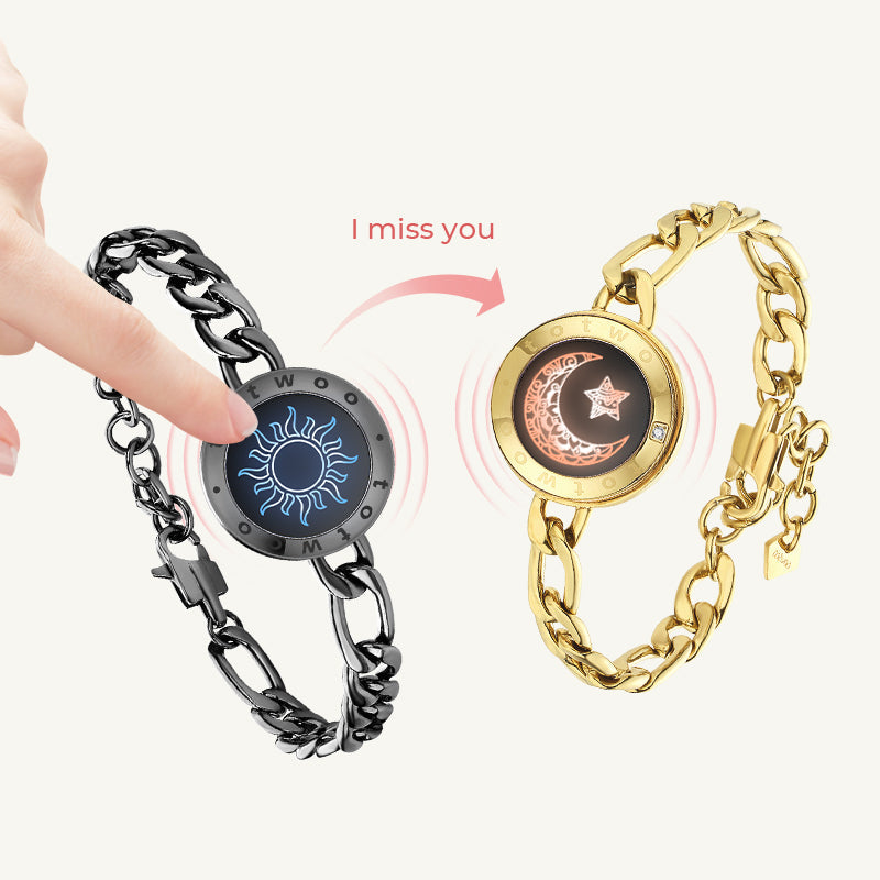 Sun & Moon Touch Bracelets with Figaro Chain (Black+Gold)