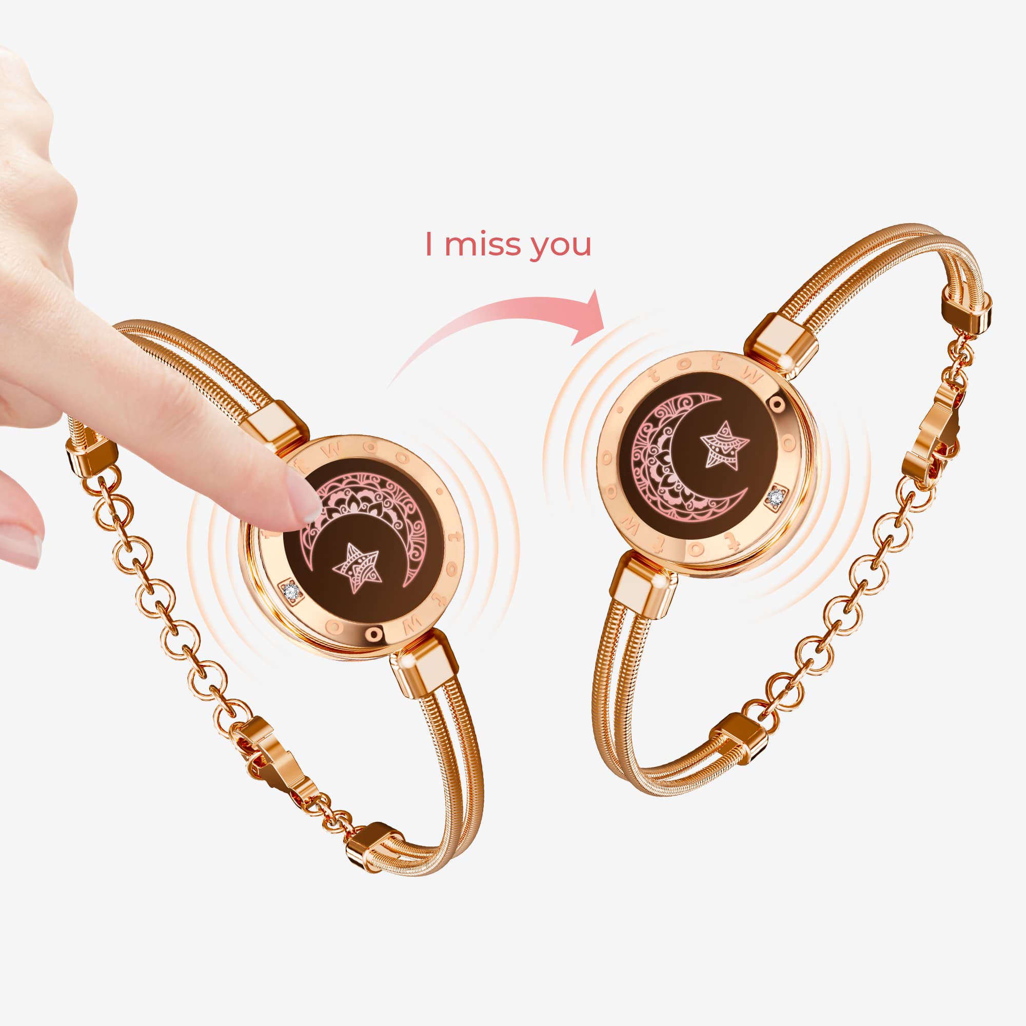 Moon & Moon Touch Bracelets with Snake Chain (Rose Gold+Rose Gold)
