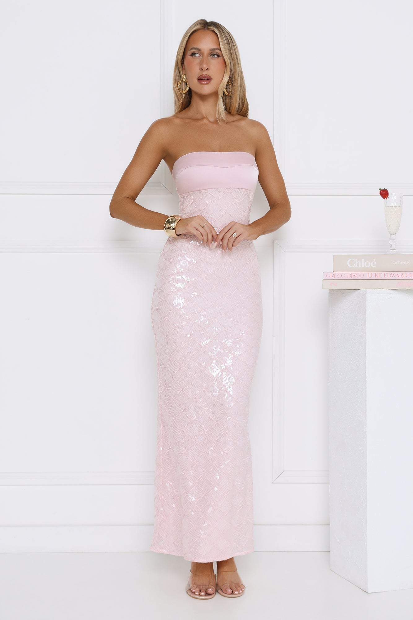 Saltwater Siren Vestido Longo Tomara-que-Caia com Paetês Rosa