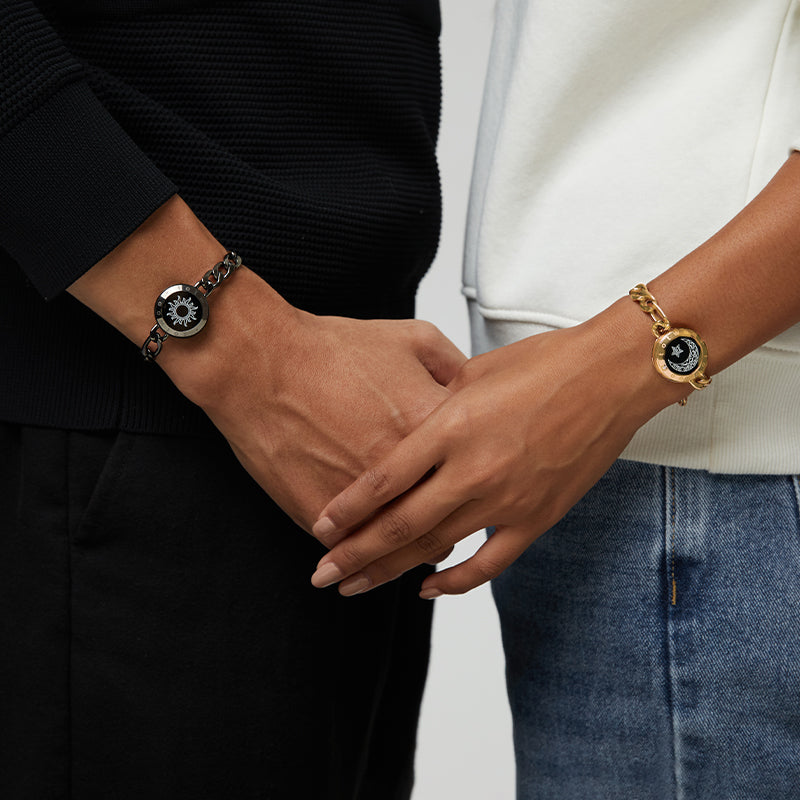 Sun & Moon Touch Bracelets with Figaro Chain (Black+Gold)