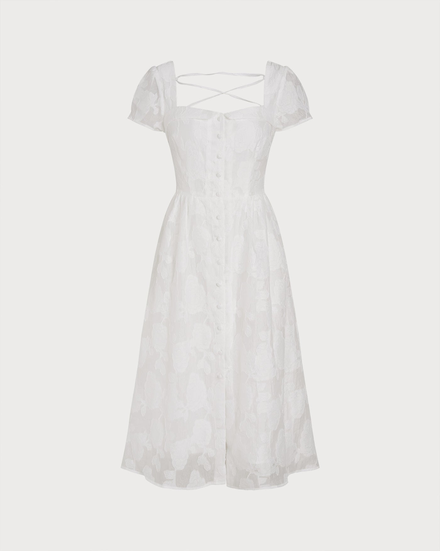 Vestido Midi Branco com Decote Quadrado e Tiras Cruzadas