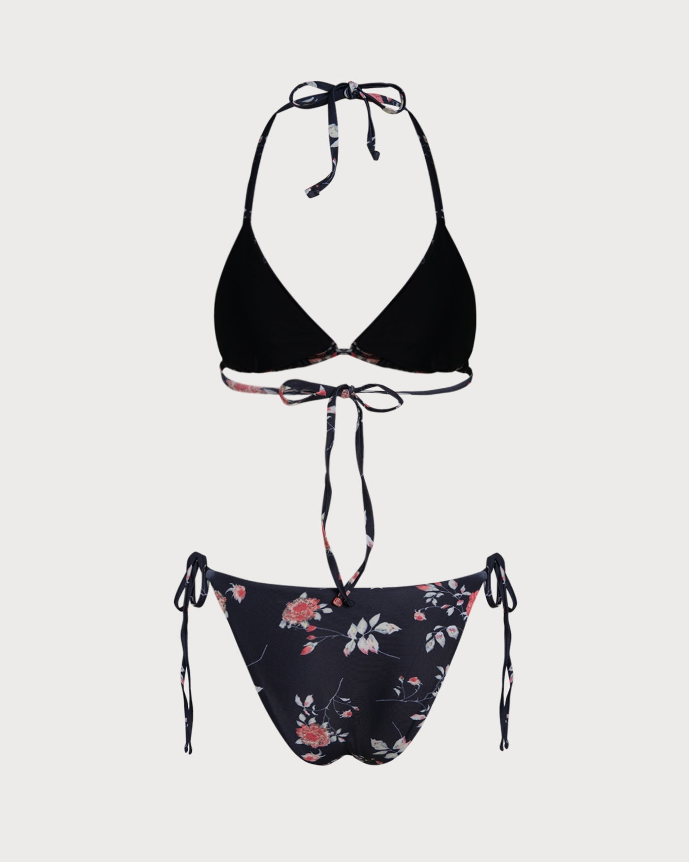 Conjunto de biquíni cortininha preto com estampa floral