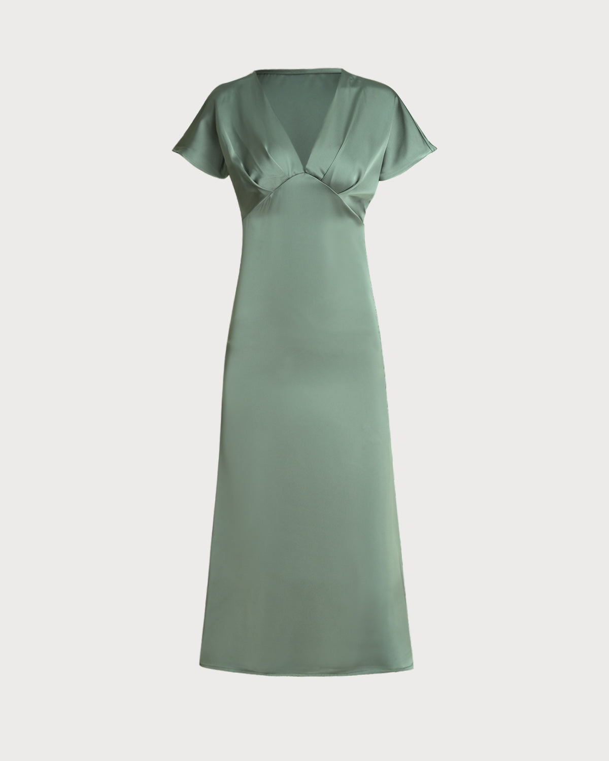 Vestido midi em cetim verde com decote em V e corte evasê