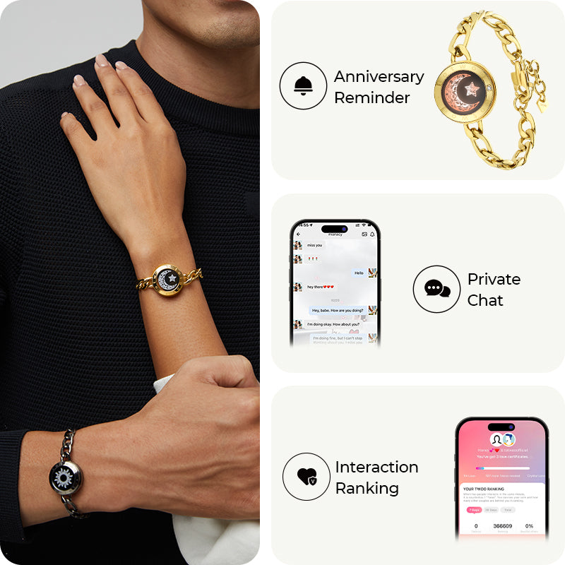 Sun & Moon Touch Bracelets with Figaro Chain (Black+Gold)