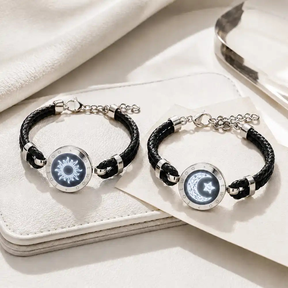 Sun & Moon Touch Bracelets with Braided Leather Rope (Black+Black)