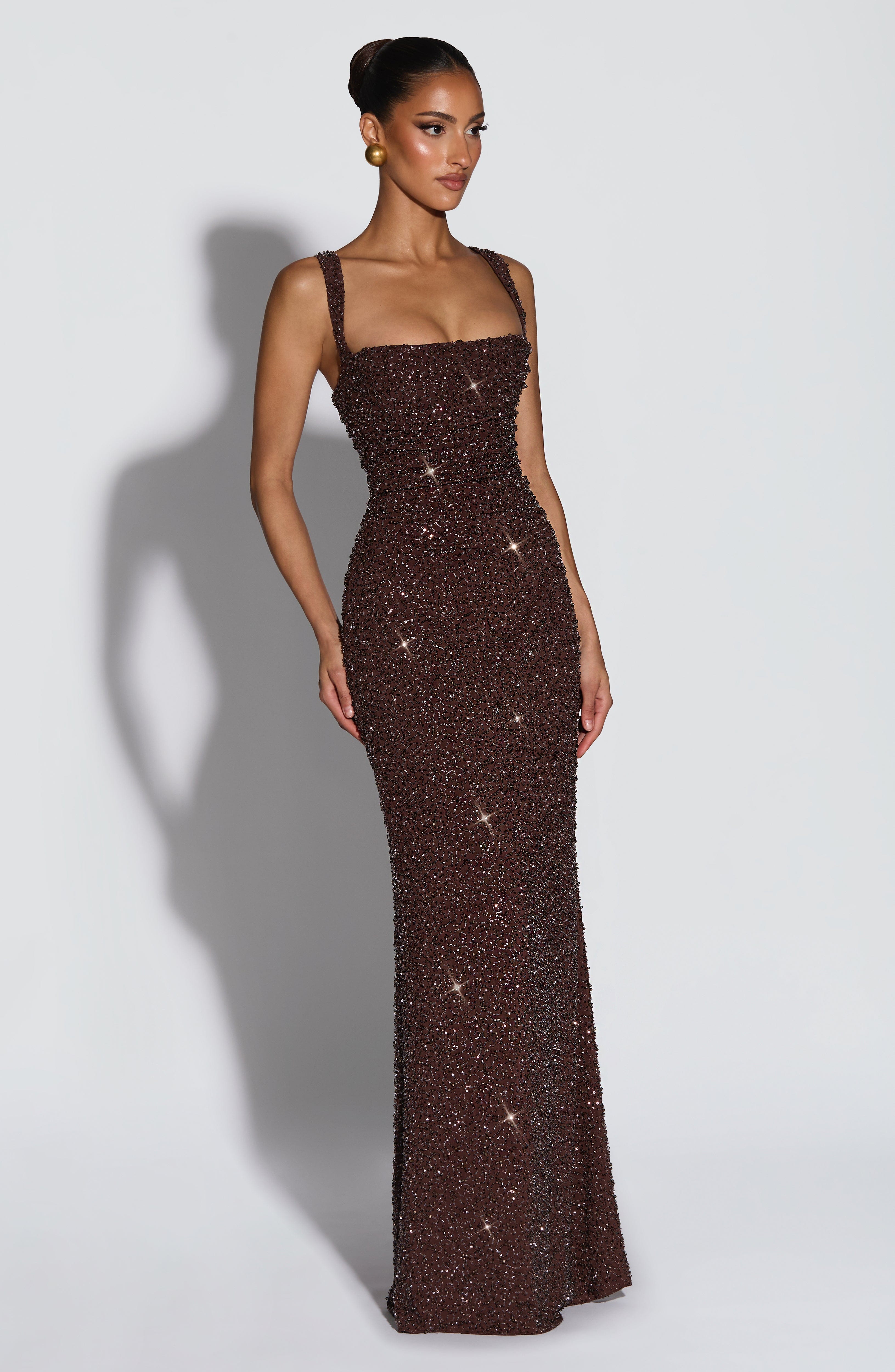 Calanthe Vestido Longo - Ameixa Marrom com Brilho
