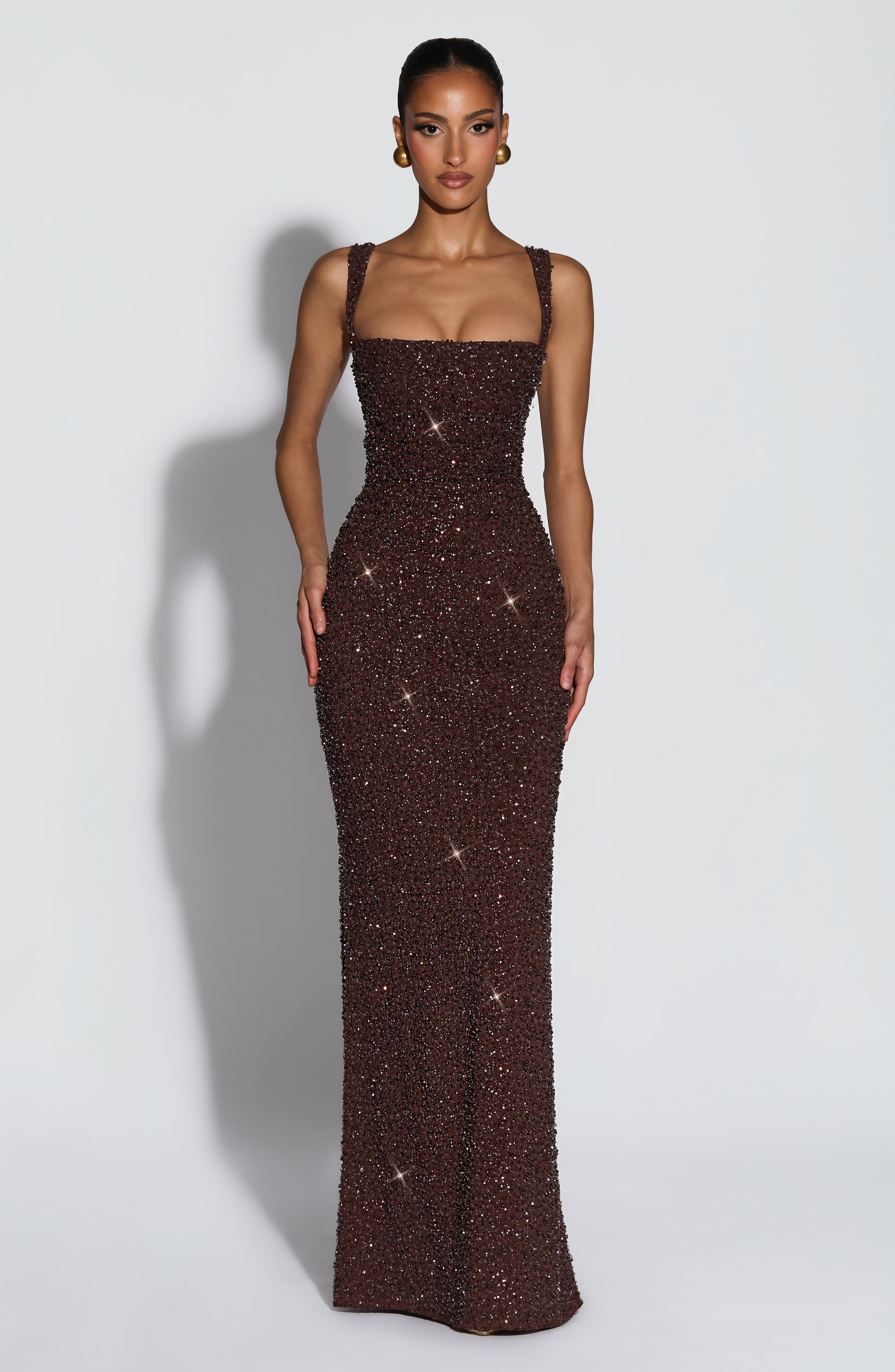 Calanthe Vestido Longo - Ameixa Marrom com Brilho