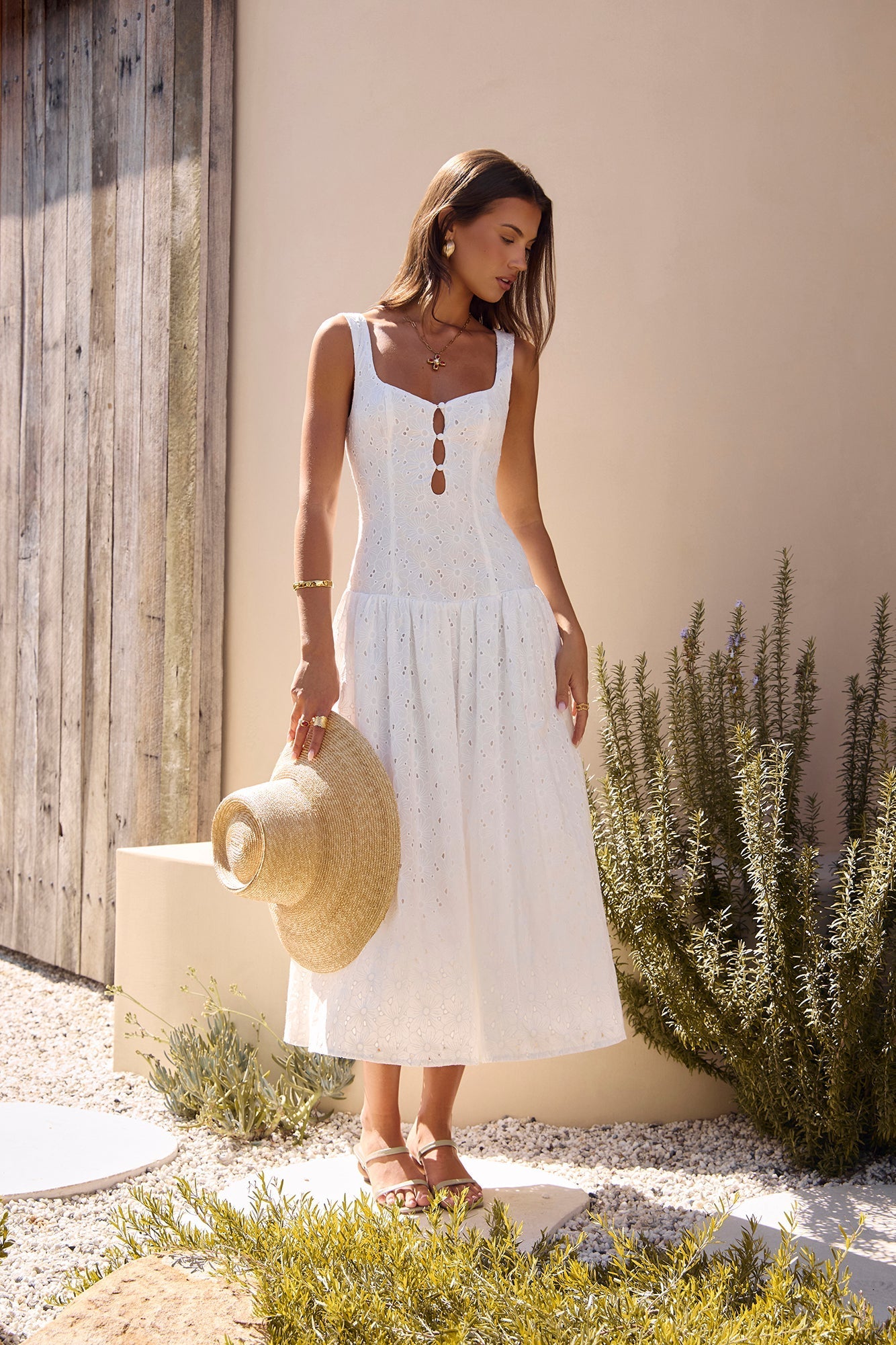Vestido Longo Bordado Romance com Pesponto — Branco