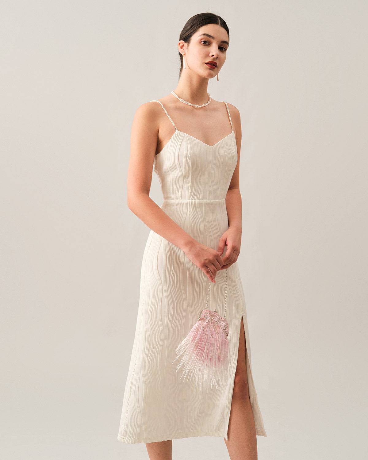 Vestido Midi Texturizado com Alças de Pérolas