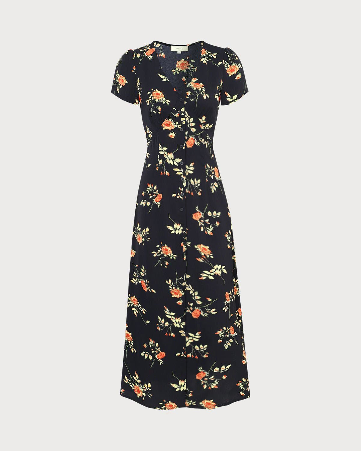 Vestido longo preto com estampa floral, decote em V e mangas curtas