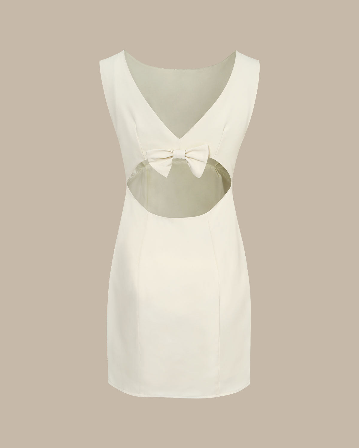 Vestido mini com decote canoa e laço nas costas — Bege